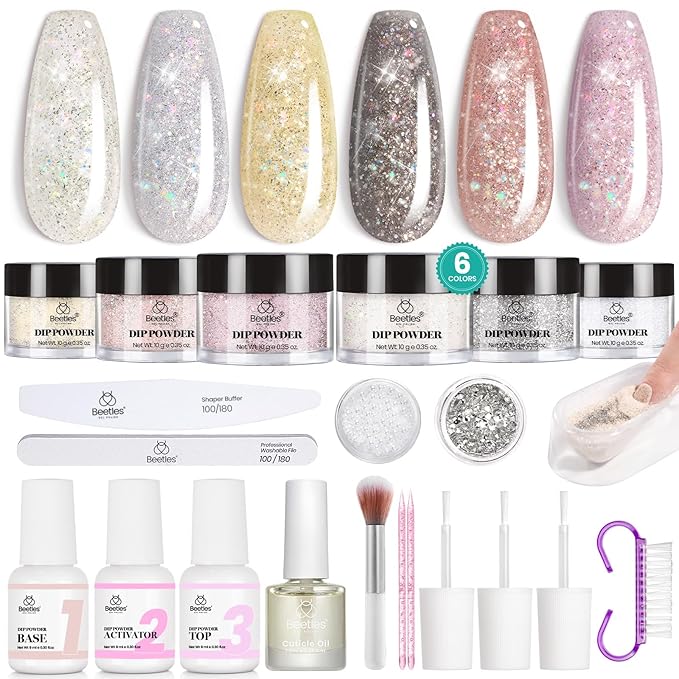 Beetles Dip Powder Nail Kit, 6 Colors Dipping Powder Nude White Pink Grey Yellow Glitter with Base Top Coat Activator and Tools All Season for French Nail Art DIY Home Manicure Salon Luxury Radiance