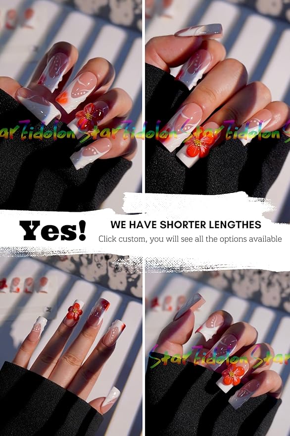 HAND-PAINTED White Press Ons Neon Small Press on Nails Long French Press on Nails Coffin Medium Short Nail art Fake Nail Art Kit with 7g Glue on Nails Handmade Almond Square Nails (Large, J4)