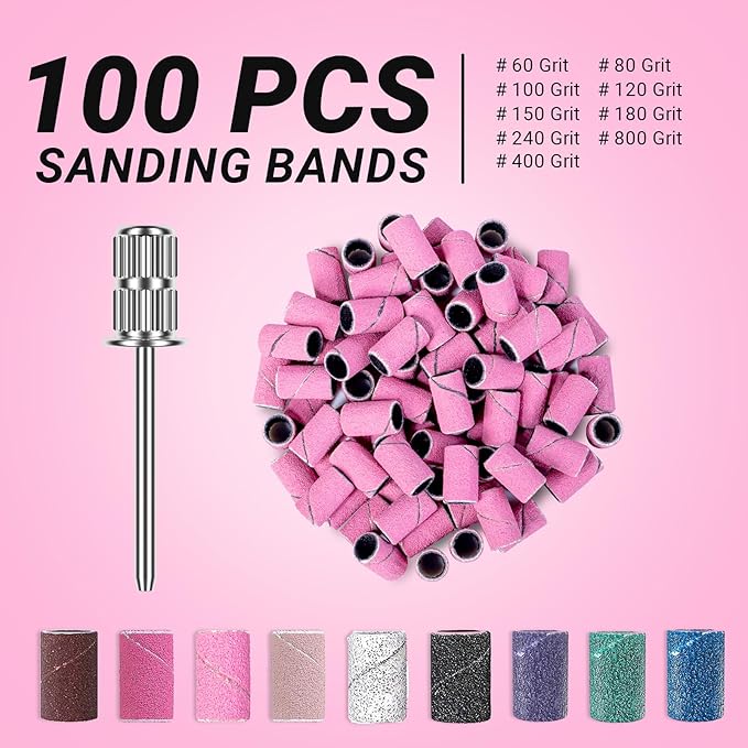 MelodySusie 100 Pcs Nail Drill Bits Sanding Bands for Nail Drill 120 Medium Grit Nail File Sanding Bands for Acrylic Nails Gel Manicures and Pedicure,Light Pink