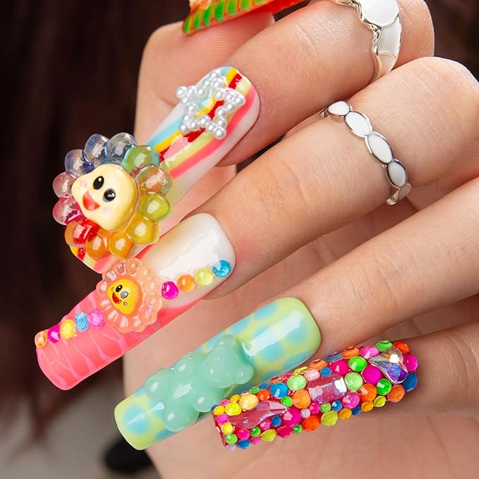 LOVFUL Press on Nails Lovkashi Flower | Handmade with Full Covered Crystals | Reusable Fake Nails | Square Mid length 1.7in | H65-L