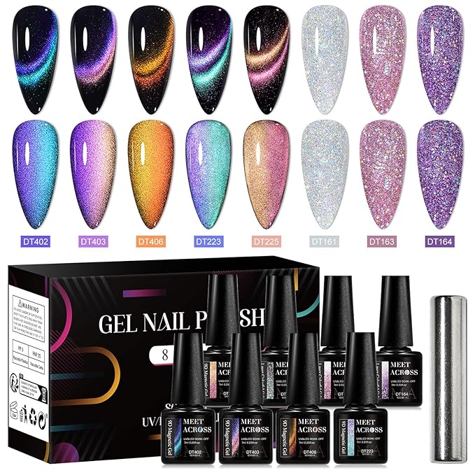 MEET ACROSS 8pcs Nail Polish Set, Soak off UV LED Lamp Cat Eye Gel Set Home Manicure Kit 7ml (Glitter + 9D Cat Eye Gel)