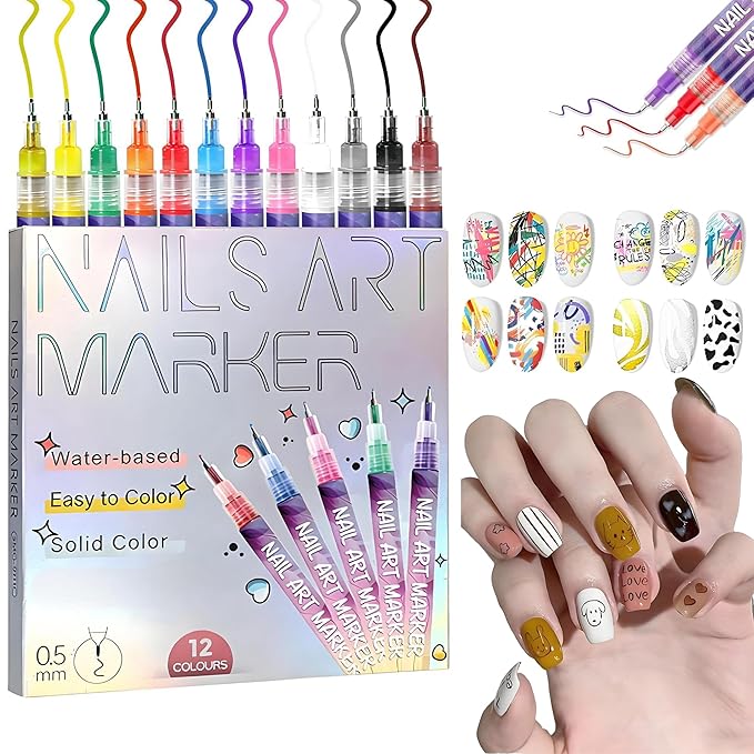 12 Color Nails Art Pen Set,Nails Art Markers for Gel Nails,DIY Nails Art Marker Drawing Painting Liner Pen,Nails Art Nail DIY Decoration for Kids (A-1 Set)
