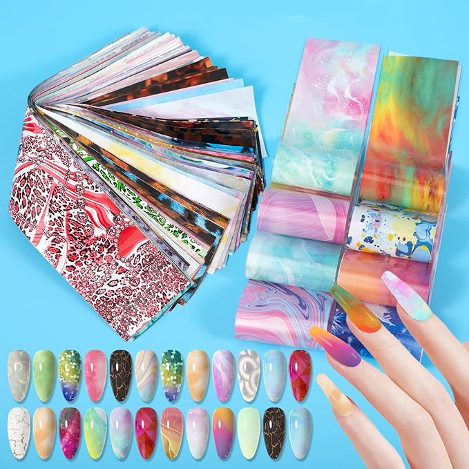 JERCLITY 300 Sheets Nail Foil Transfer Stickers Set Nail Foils Transfer Nail Art Marbling Starry Sky Leopard Print Aurora Iridescence Gradient Design for Women Girls Decoration