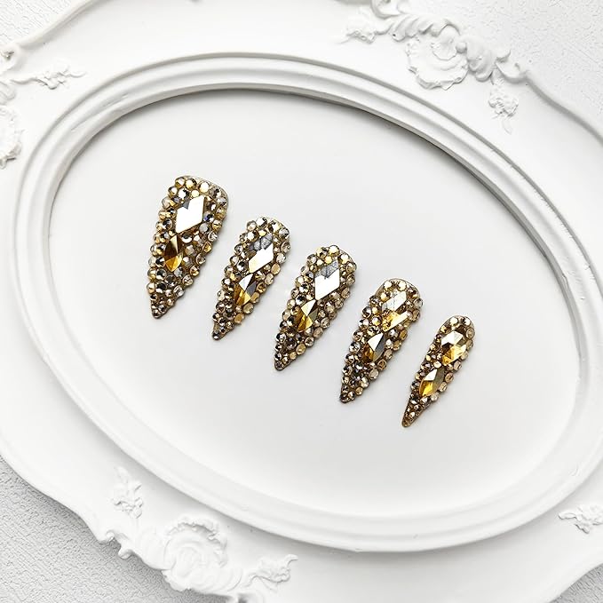 2025 New Full Diamond Medium Almond Press on Nails Reusable PMMA Acrylic Handmade Nails Full Deluxe 3D Crystal Fake Nails w/Box Gift for Women (Gold, Medium)
