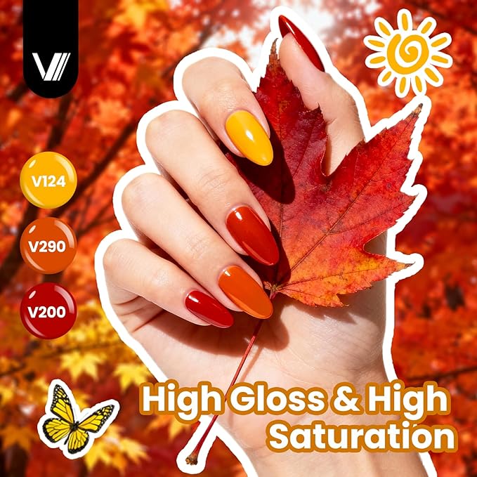 VANREESA 24 Pcs Fall Gel Nail Polish Set -Fall Colors Gel Polish with Base Coat & 4 Effects of Top Coat Orange Yellow Red Green Purple Brown Gel Polish Set Nail Kit Gifts for Women Girls DIY at Home