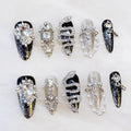 [GLORS] BlackSerpent - Luxury Handcrafted Wearable Nail Art with Luxurious Diamonds, Pearl Chain, and Black Serpent in Long Stiletto (XS, LS)