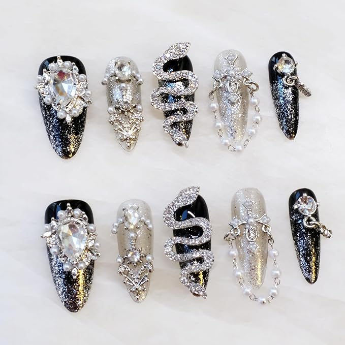 Luxury Long Almond Press-On Nails, Black and Silver Glitter with 3D Rhinestones and Pearl Accents, Handmade False Nail 10 Pieces (Small, LS)