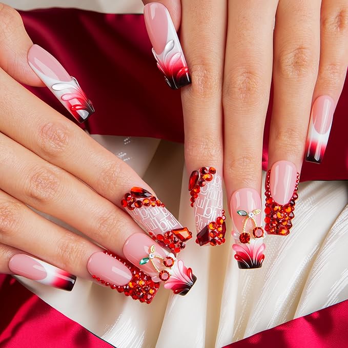 LOVFUL Short French Tip Press on Nails Cherry Obsession | Handmade Acrylic Press ons| Reusable Fake False Nails | Square Classic Regular 1.3in | H759-S