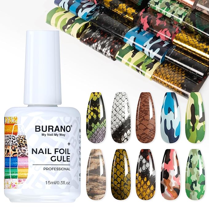 BURANO Nail Art Nail Foil Glue Gel, o.5 oz with 10PCS Foil Stickers Set Nail Foil Glue for Nails Foil Transfer Gel, Nail Design DIY UV LED Lamp Required (Snake 25)