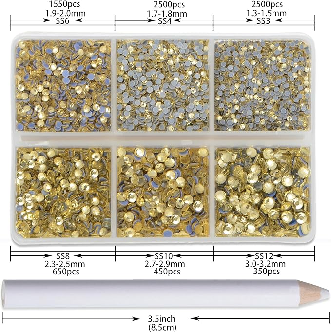 NCB Hotfix Iron on 8000pcs Crystal Rhinestones Round Gem for Crafts Decoration DIY Jewelry Making with a Picking Pen (Light Yellow, 6Sizes SS3-SS12)