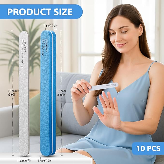 BALUCA 10-Pack Professional Nail Files & Buffers for Acrylic & Natural Nails | Double-Sided 100/180 Grit Emery Boards | Reusable Salon-Grade Nail Filer & Shine Kit for Women & Pets (Blue)