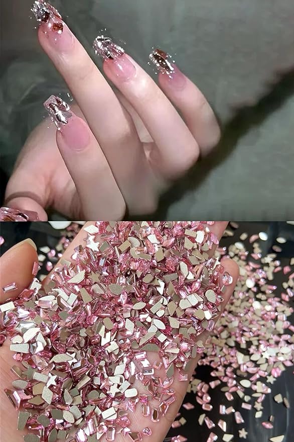 Light Pink Nail Rhinestones, 5380Pcs Flatback Glass Charms Gems Stones, 24 Grids 19 Types of Shaped Nail Art Rhinestones Kit with Tweezers, 6 Sizes for Decoration Face