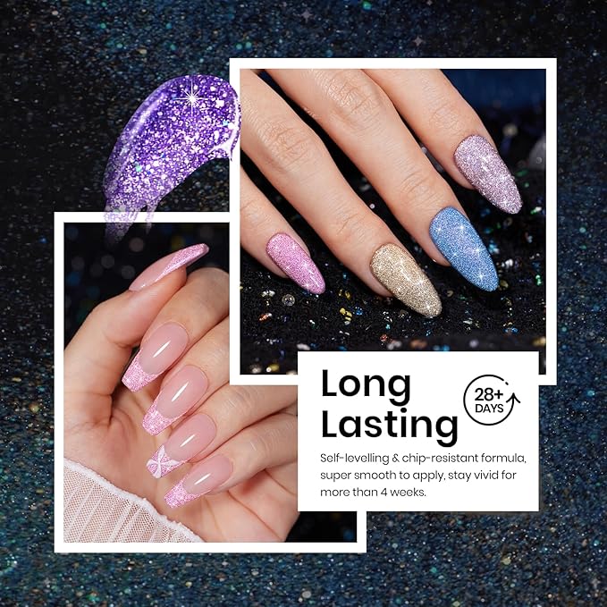 Beetles Reflective Glitter Gel Nail Polish Kit Gel Polish 6 Colors Holographic Sparkle Flash Dimond Sliver Gold Soak Off UV LED Manicure Gift for Women Girls Midnight Sparkling