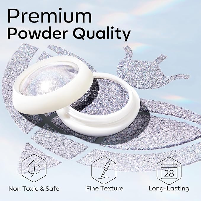 modelones Chrome Nail Powder 4 pcs, White Pearl Nail Chrome Powder, Iridescent Aurora Glitter Mermaid Silver Metallic Mirror Holographic Effect Pearlescent Pigment Dust Kit Resin Craft