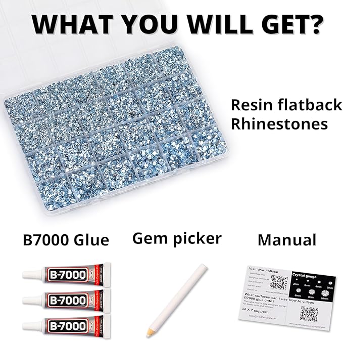 33000Pcs Light Blue Rhinestones for Bedazzling, Bedazzler Kit with Flatback Craft Rhinestones Bulk and B7000 Glue, 2,3,4,5,6mm Resin Flat Back Crystals for Craftings, Crafts, Clothes, Shoes, Nails