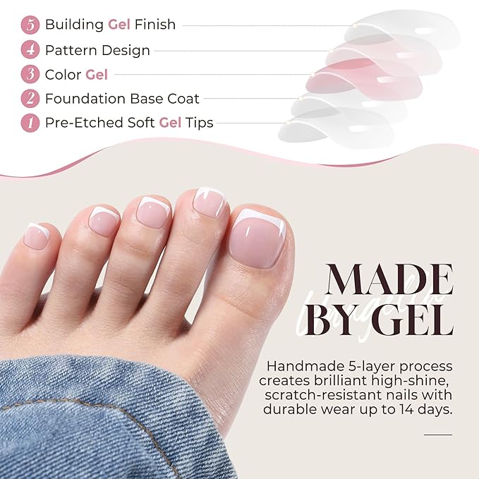 UNA GELLA Press On Toenails Short: Pink French Square Soft Gel Toe Nail Press Ons Kit with Adhesive Tabs Glue on Nails, 16 Sizes - 32Pcs Reusable Short Fake Toenails Kit, Gift for Women Girls