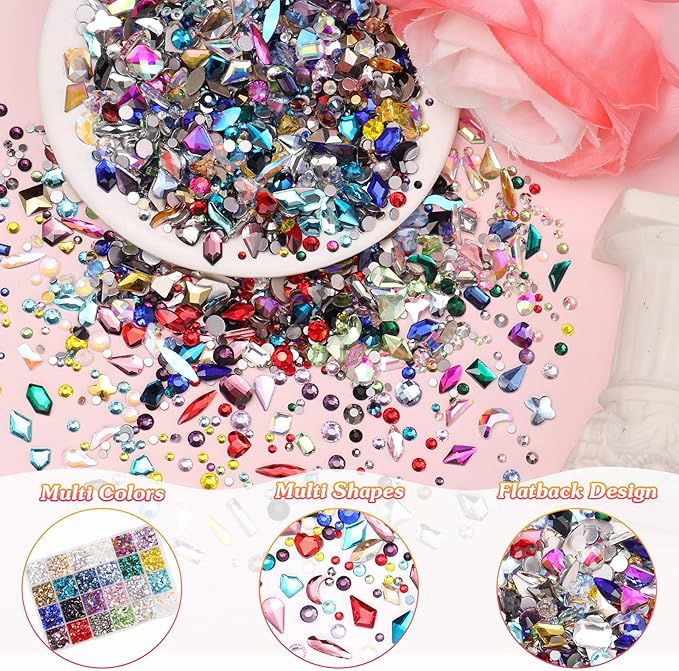 7680Pcs Crystal Nail Rhinestones, 24 Styles Rhinestones for Crafting, Multi Shapes Size Colors Flatback Rhinestone Bedazzled Gems for Nails Face Eyes Makeup Crafts Clothes Tumbler