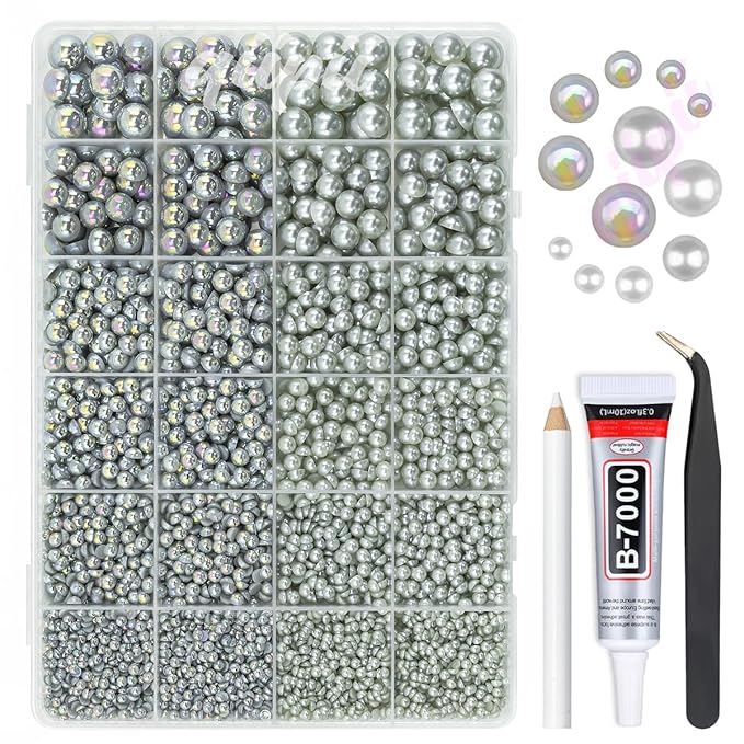 2 Styles Solid Light Gray+ Grey AB Flatback Pearls for Bedazzling Crafting 3-10mm Half Pearls Round Beads Gems Bedazzler Kit for Nails Face Eyes Makeup Tumblers Bottles DIY Crafts Shoes﻿ Phones