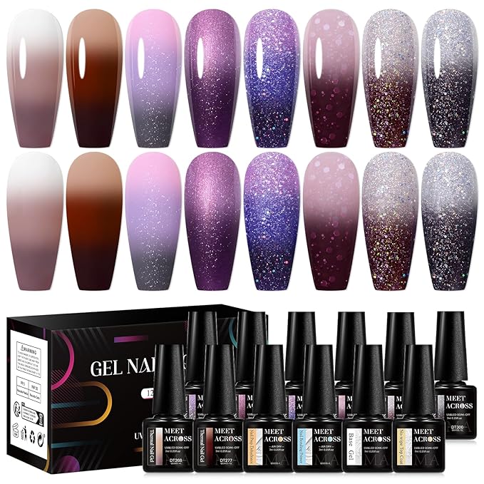 MEET ACROSS 12PCS Color Changing Gel Nail Polish Set Glitter Brown Gray Purple Gel Polish Set Fall Winter Mood Temperature Change Nail Polish UV/LED Nail Art Gifts 8 Colors