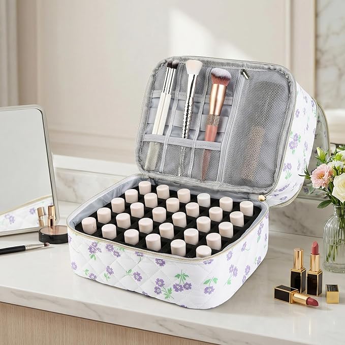 Nail Polish Organizer Aesthetic Nail Organizers and Storage, Bow Nail Supplies Kit Organizer Travel Carrying Case for Manicure Tools (Floral J, 2 Layer)