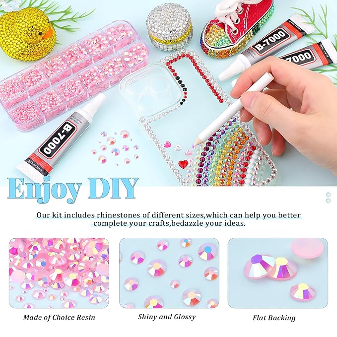 12000Pcs Resin Rhinestones for Bedazzling with 3Pcs B7000 Jewelry Glue, 2 Boxes Light Pink AB Flatback Rhinestones for Crafting Crafts DIY, Crystals Gems for Clothing Shoes Tumblers Nail Art Makeup