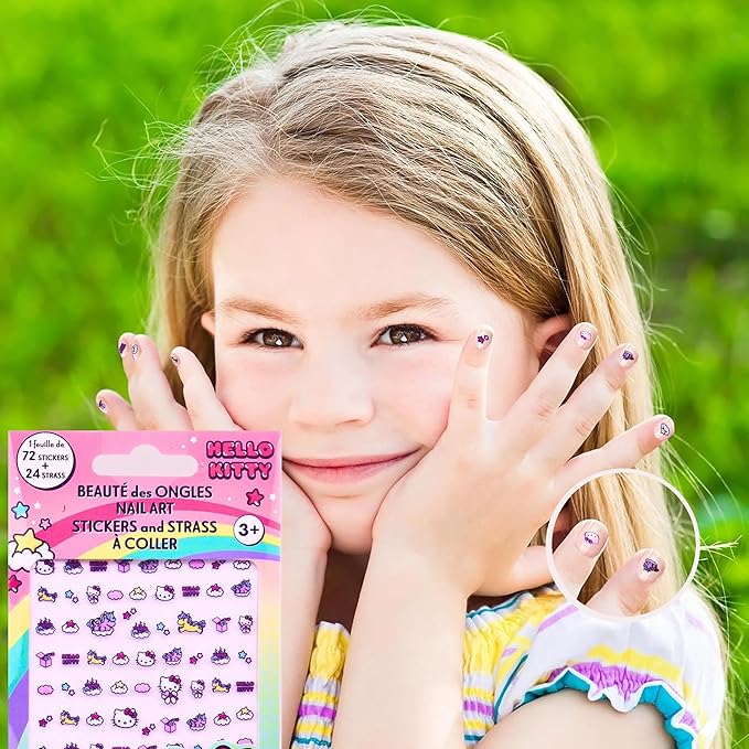 Hello Kitty Nail Stickers – 1 Sheet with 72 Stickers + 24 Rhinestones – Self-Adhesive Nail Art for Girls – Fun Activity & Gift Idea for Birthdays, Crafts, Party Bags and Playdates