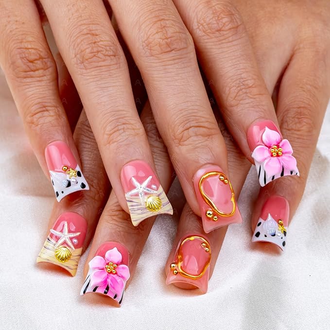10 Pieces Luxury Acrylic Press On Nails Short Handmade Duck Nails, Pink Thickened False French Nails, 3D Flowers, Conch Shells And Starfish, Reusable Fake Nails, Acrylic Nails (L)