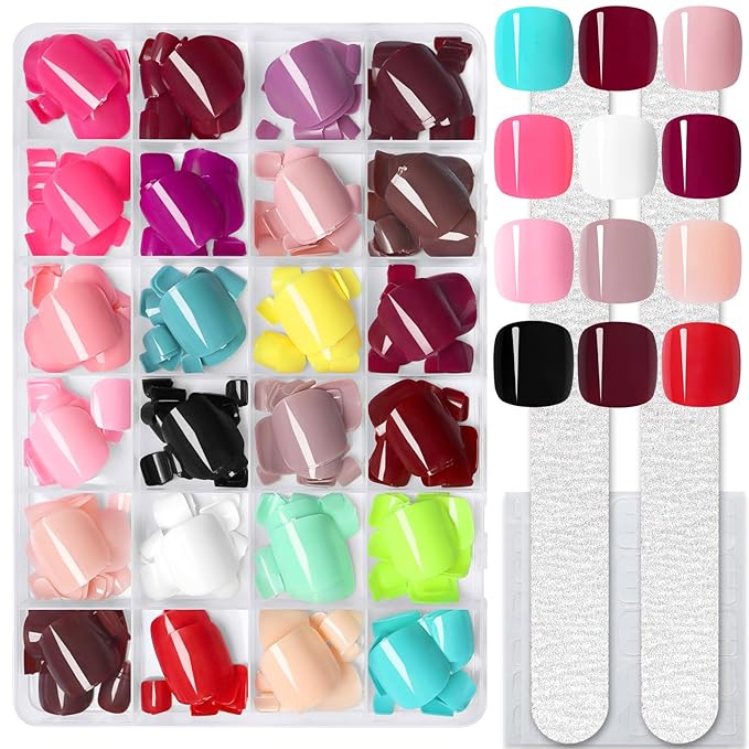 LoveOurHome Colored Press on Toenails Short Square Fake Toe Nails Tips Glossy Full Cover Artificial False Toenail French Pedicure Decor 24 Colors for Women Teen Girls