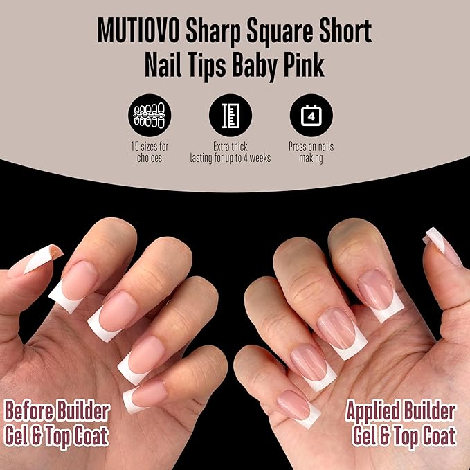 White French Tip Short Straight Square Nail Tips Press on, BABY PINK Extra Thick NEED Soft Gel Nail Extension, Need Builder gel & Top,Coat Full Cover False Nails, for DIY x 15 Sizes 150 pcs