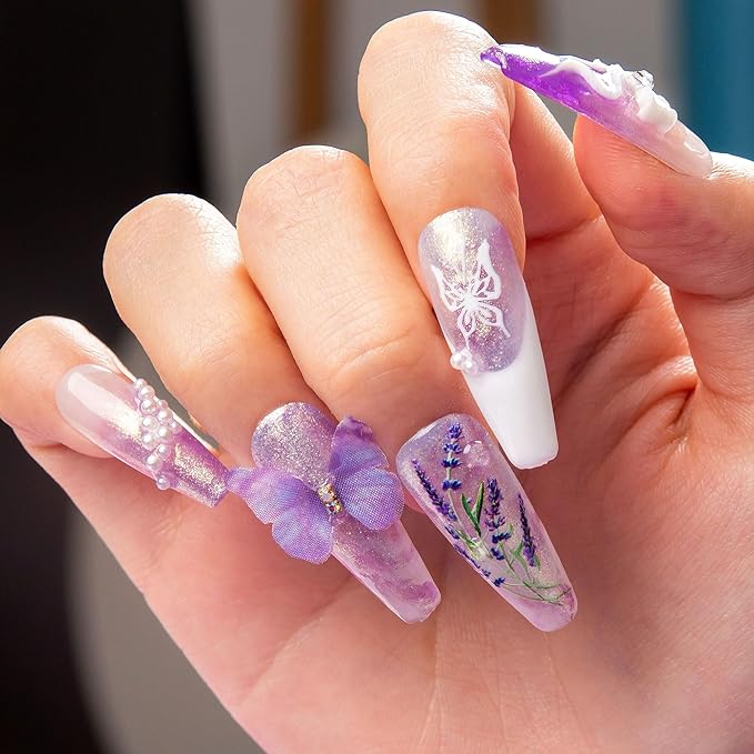LOVFUL Press on Nails Butterfly Spell | Handmade with Full Covered Crystals | Reusable Full Cover Nails | Coffin Classic Regular 1.3 in | H461-S