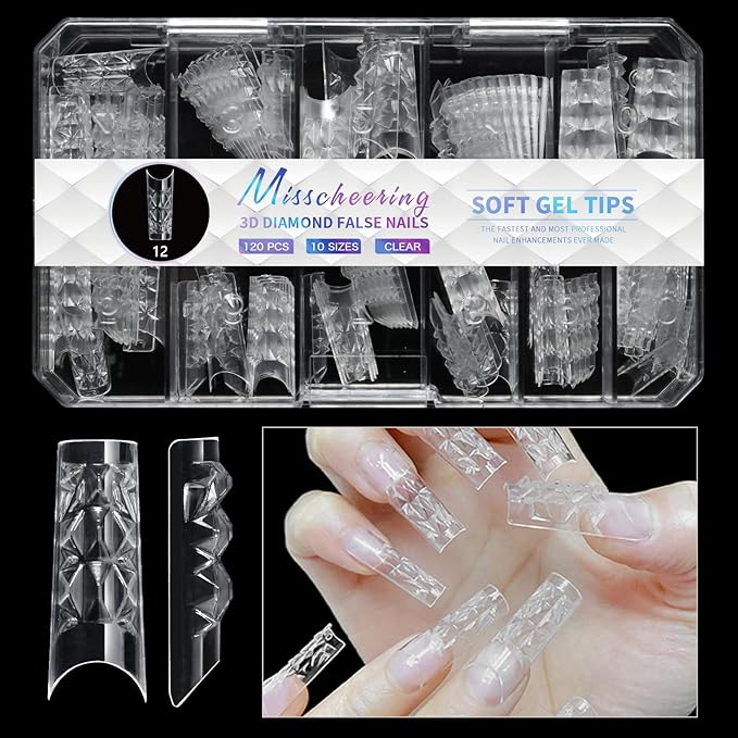 3D Diamond Shaped Polygel Nail, Extension Clear Full Cover False Nail Tips, Hybrid Gel Acrylic Nail, Diamond Fake Nails, 14 Sizes Building Artificial Press on Nail (style 12, 120pcs)