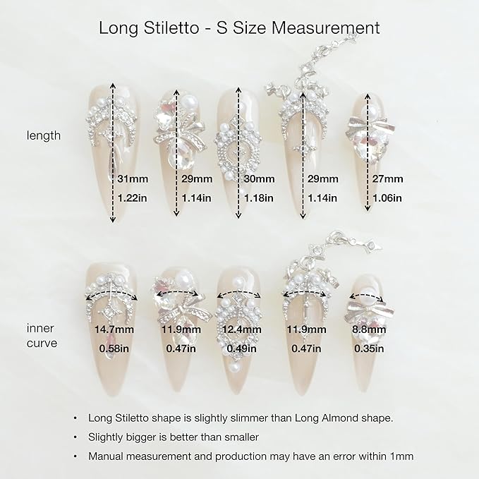 [GLORS] Luxury Press-On Nails, Nude False Nails with Rhinestones and Pearl Chain in Long Stiletto, 10 Pieces (S, LS)