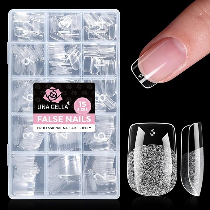 UNA GELLA Gel Nail Tips Square Short, 15 Sizes Short Square Press on Nails Pre Etched 300pcs Soft Gel Fake Nails Full Cover For Nail Extension Home DIY Salon for Flat & Curved Nail Beds