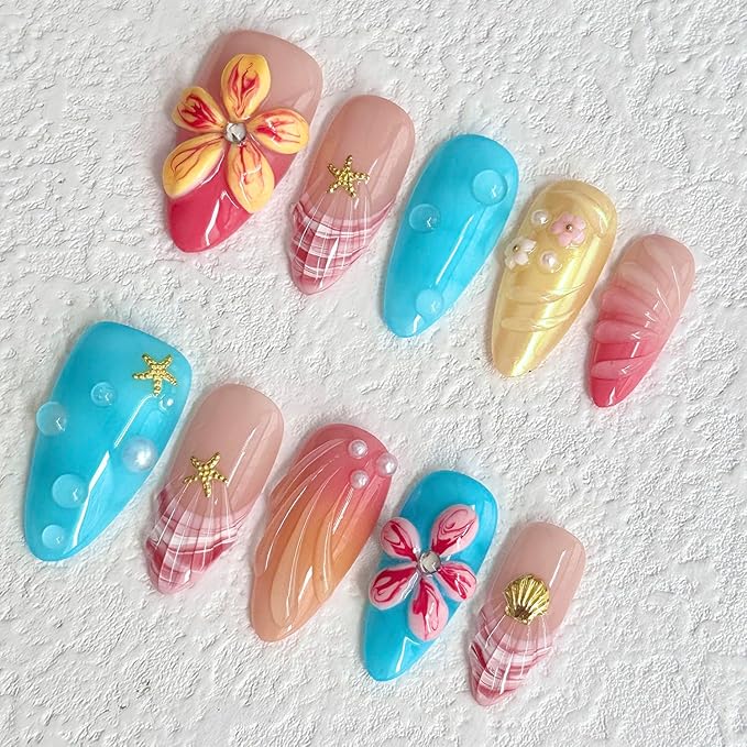 Luxury Press on Nails Medium Almond Handmade 3D Unique Reusable ABS Material Fake Nails French Tip False Nails with Designs Hawaii Ocean Flower Art Petal Glossy Glue on Nails Thick Acrylic Nails(M)
