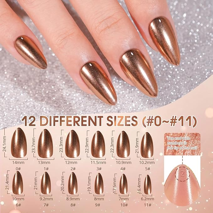 Chrome Press on Nails Short 6 Styles, Jofay Fashion 144Pcs Salon-Like Mirror Metal Stiletto Fake Nails with Glue, Glitter Artificial Acrylic False Nails for Party, Glue on Nails Press Ons in 12 Sizes