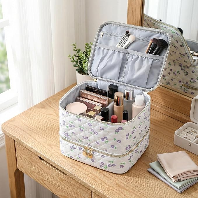 Nail Polish Organizer Aesthetic Nail Organizers and Storage, Bow Nail Supplies Kit Organizer Travel Carrying Case for Manicure Tools (Floral J, 2 Layer)