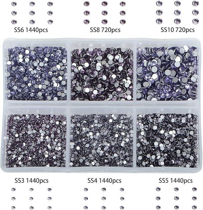 Bymitel 7200 Pieces 6 Mixed Sizes Glue Fix on Glass Rhinestones Round Crystal Gems Flatback for DIY Jewelry Making with one Picking Pen(6-Sizes 7200PCS, Tazanite)