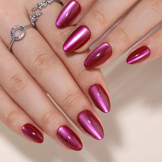 Gel Press On Nails Short - Almond Press On Nails, Short Fake Nails with Nail Glue, Artificial Nails 16 Sizes - 32Pcs Reusable Soft Gel False Nails Tips Kit，Glue On Nails Short（Purple Red）