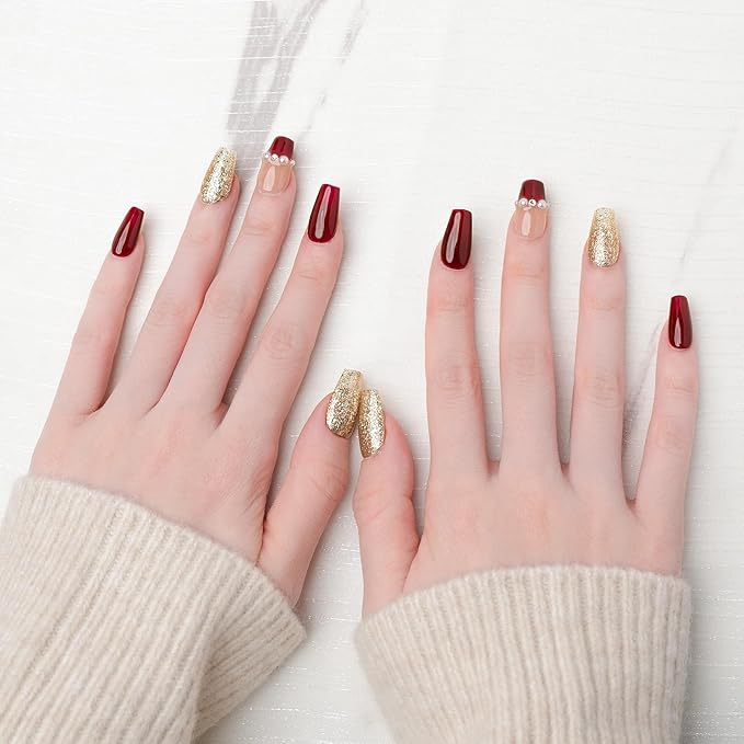 Sun&Beam Nails Handmade Press-on Medium Long Coffin Ballerina Red Green White New Year Pearl Sweet Design Fashion False Nail Tips 10 Pcs Set (#192 M)