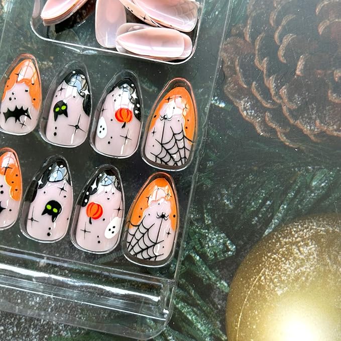 Halloween French Tip Press-on Nails With Cute Ghost & Pumpkin Pattern - Yellow and Black Acrylic Full Cover Almond Nails for Women - 24Pcs