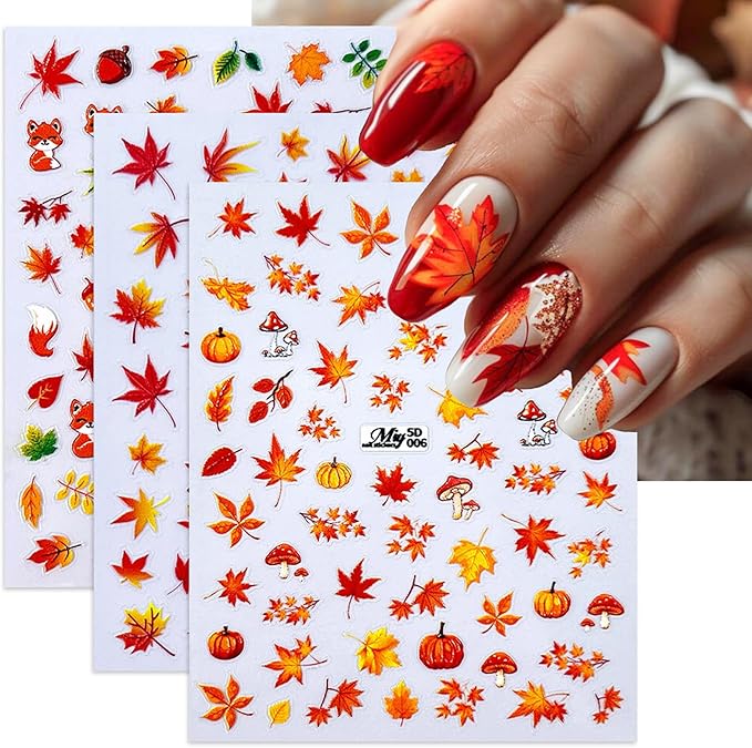 Fall Nail Stickers 5D Embossed Nail Art Stickers Autumn Nail Decals with Fox Maple Leaves Pumpkin Pinecone Designs Cute DIY Self-Adhesive Nail Art Supplies 3 Sheet