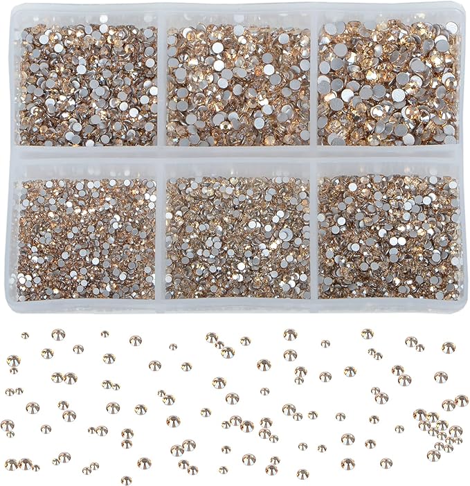 Bymitel 7200 Pieces 6 Mixed Sizes Glue Fix on Glass Rhinestones Round Crystal Gems Flatback for DIY Jewelry Making with one Picking Pen(6-Sizes 7200PCS, Lt. Peach)