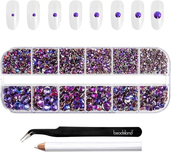 Beadsland Rhinestones for Makeup,8 Sizes 2500pcs Purple Flatback Rhinestones Eye Gems for Nails Crafts with Tweezers and Wax Pencil,Purple Velvet,SS4-SS30