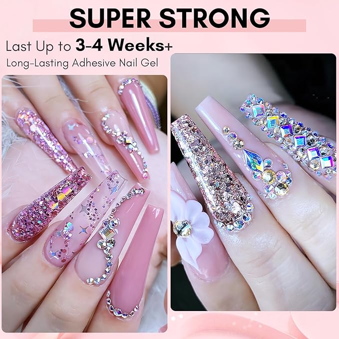 Makartt Nail Rhinestone Glue, Super Strong Gel Nail Glue for Rhinestones, 3D Art Design Charms and Gems, for Jewel Crystal Beads Gems Diamonds, UV/LED Need, Easy Use, 15ML