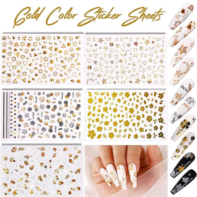 Teenitor 12 Sheets Nail Art Sticker 3D Self-Adhesive, Nail Art Decoration with 5 Boxes Holographic Glitter Flakes Butterfly Heart Star Maple Leaf Nail Sequins and Flower Slices