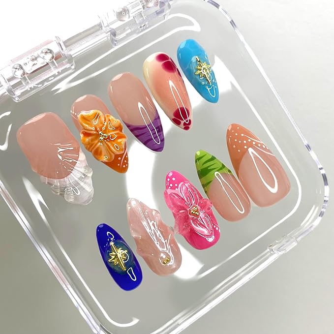 Small size Press On Nails - Handmade Unique Almond Fake Nails, Thick Acrylic and Muti-Layer Gel False Nails, Reusable Gel Cured Sturdier 3D Fake Nails (Size S)