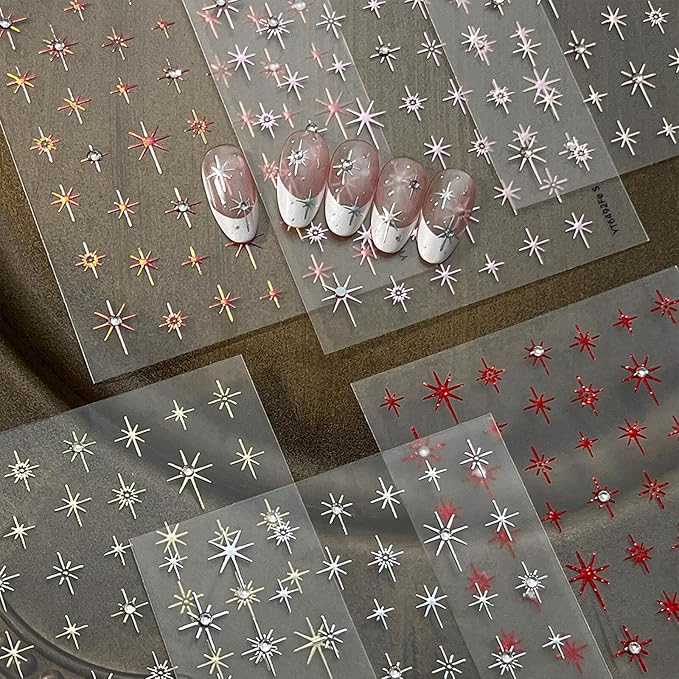 Shiny Star Nail Stickers for Nail Art 3D Glitter Colorful Star Luxury Rhinestones Nail Design Stickers Starlight Nail Decals Nails Supply Manicure Sliders for Nails Decoration 6 Sheets