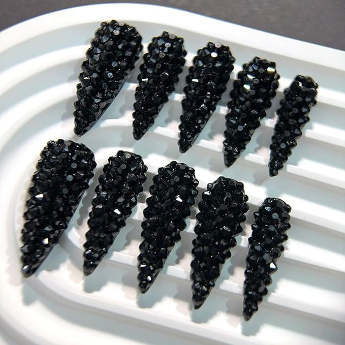 Almond Press on Nails Long Black Rhinestones Handmade Fake Nails Luxury Full Cover False Nails with 3D Designs Acrylic Nails Press Ons Sparkly Reusable Stick on Nail for Women 10Pcs(Size M)
