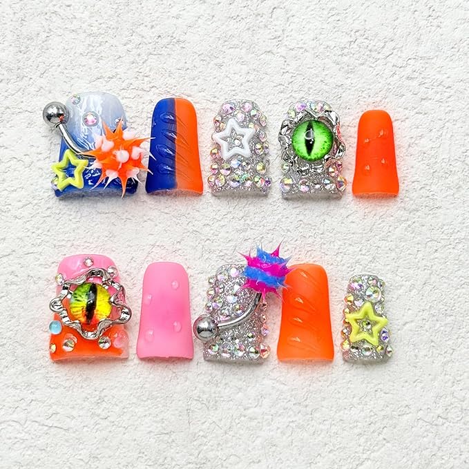 Handmade Press on Nails Short Duck Fake Nails Orange False Nails with Glue,Muti-Layer Gel Thick Press ons Nail Luxury Rhinestone Design Reusable Acrylic Nails for Women(Size S)