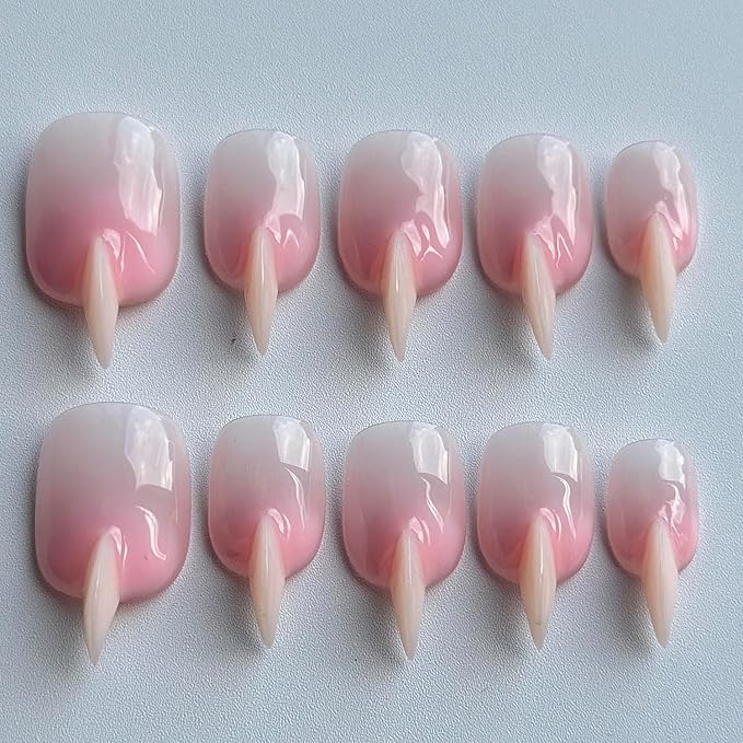 Halloween Press on Nails Luxury Short Stiletto Handmade Cat Claw Unique Reusable ABS Material Pink Fake Nails Eagle Claw False Nails Gradient Glossy Glue on Nail Curved Thick Acrylic Nail(M)